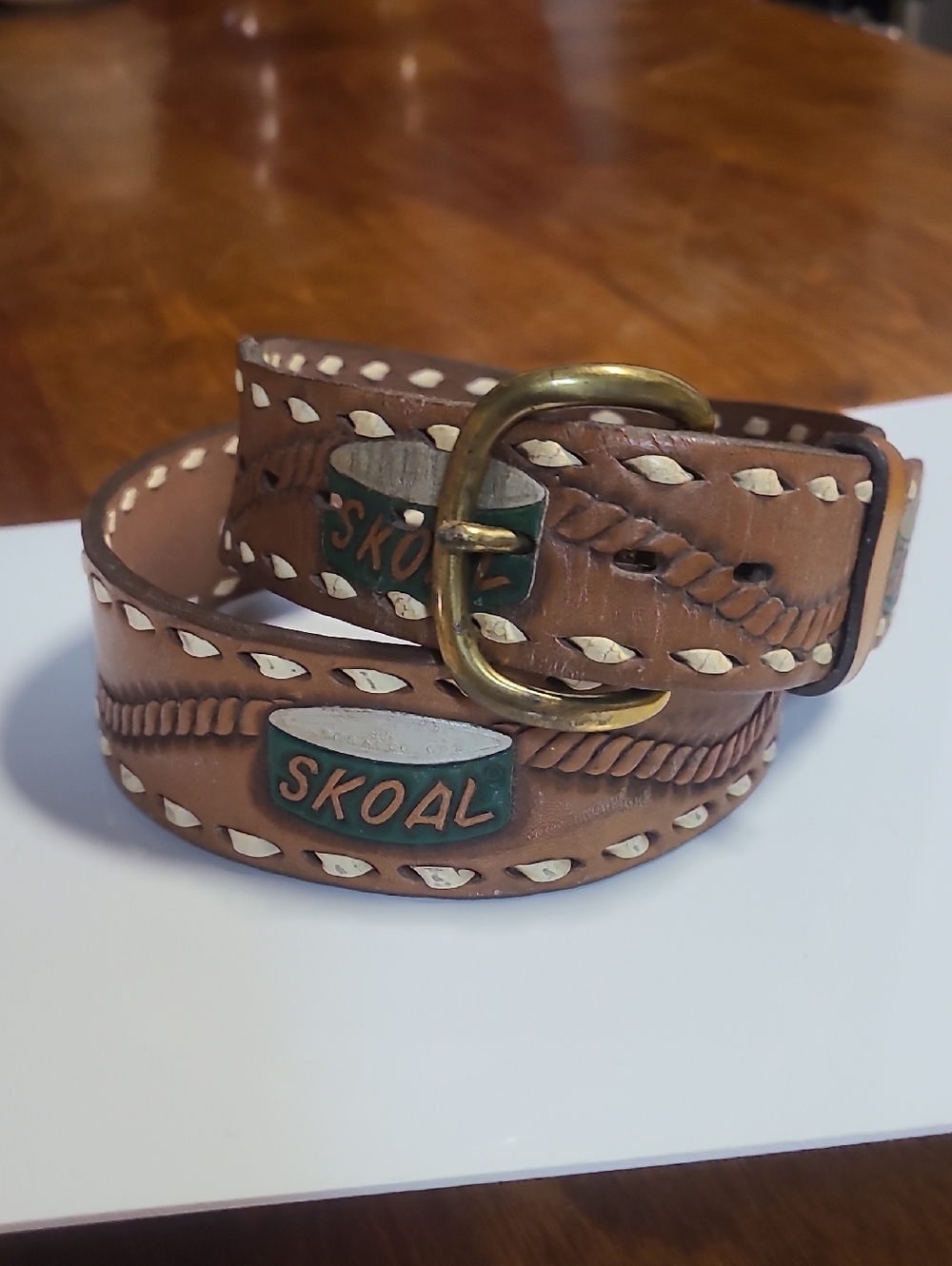 Justin Boots Brown Leather Skoal Embossed Belt with Brass Buckle